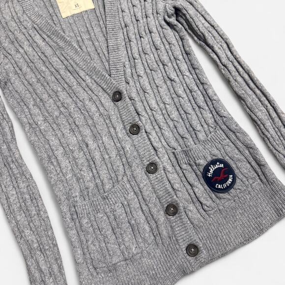 VTG Y2K Hollister Co. Light Grey Cable Knit Long Sleeve Button Up Cardigan XS - Picture 7 of 8